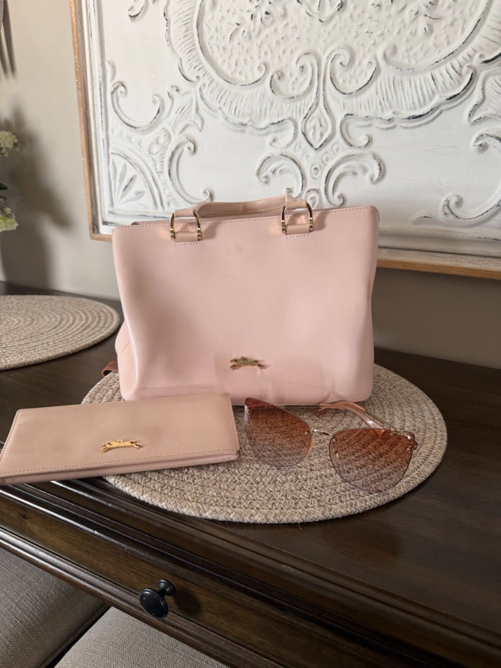 Longchamp Blush Pink Structured Tote with Matching Wallet and Sunglasses